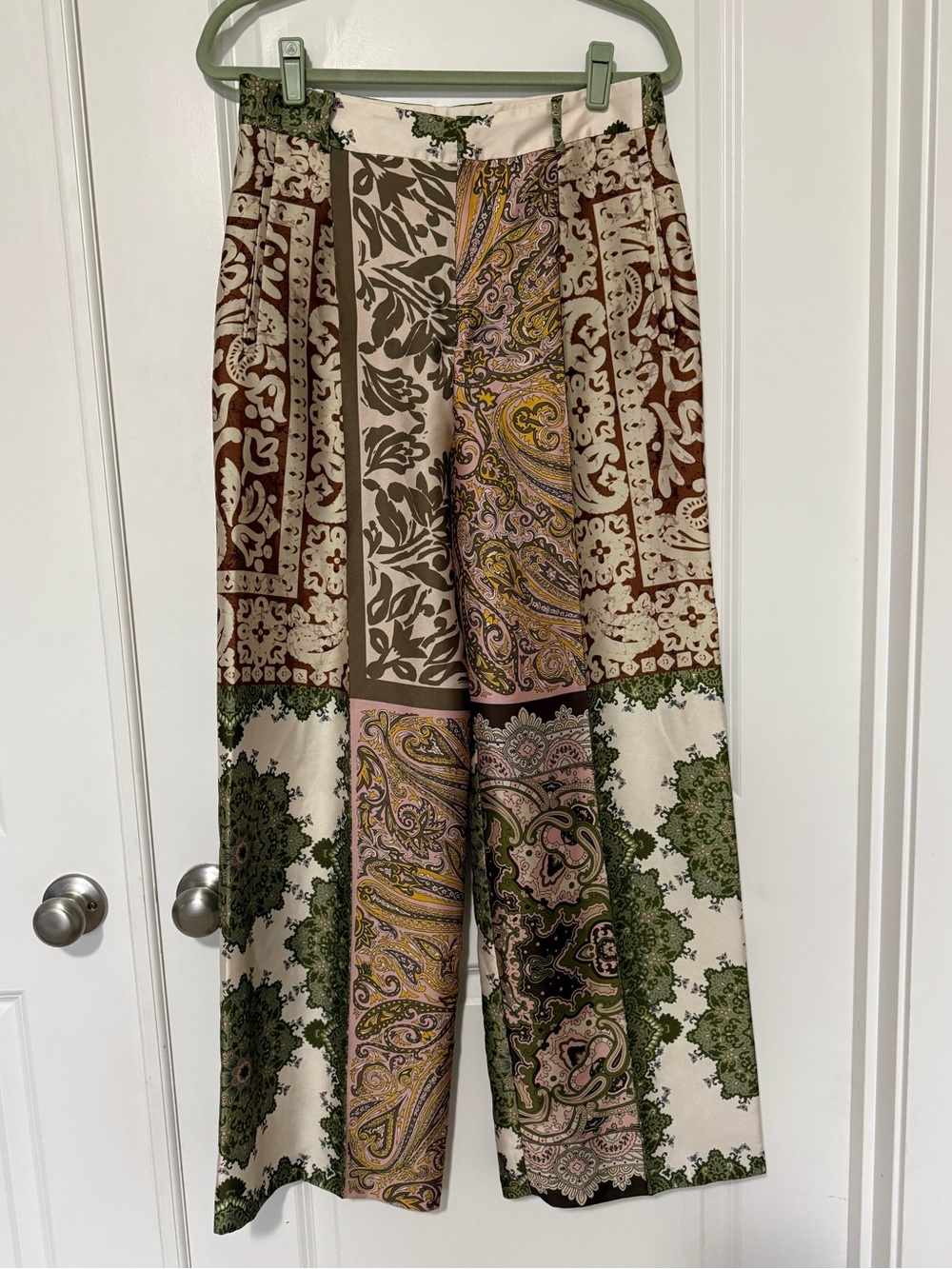 Zara Olive & Cream Paisley-Print Wide-Leg Pants